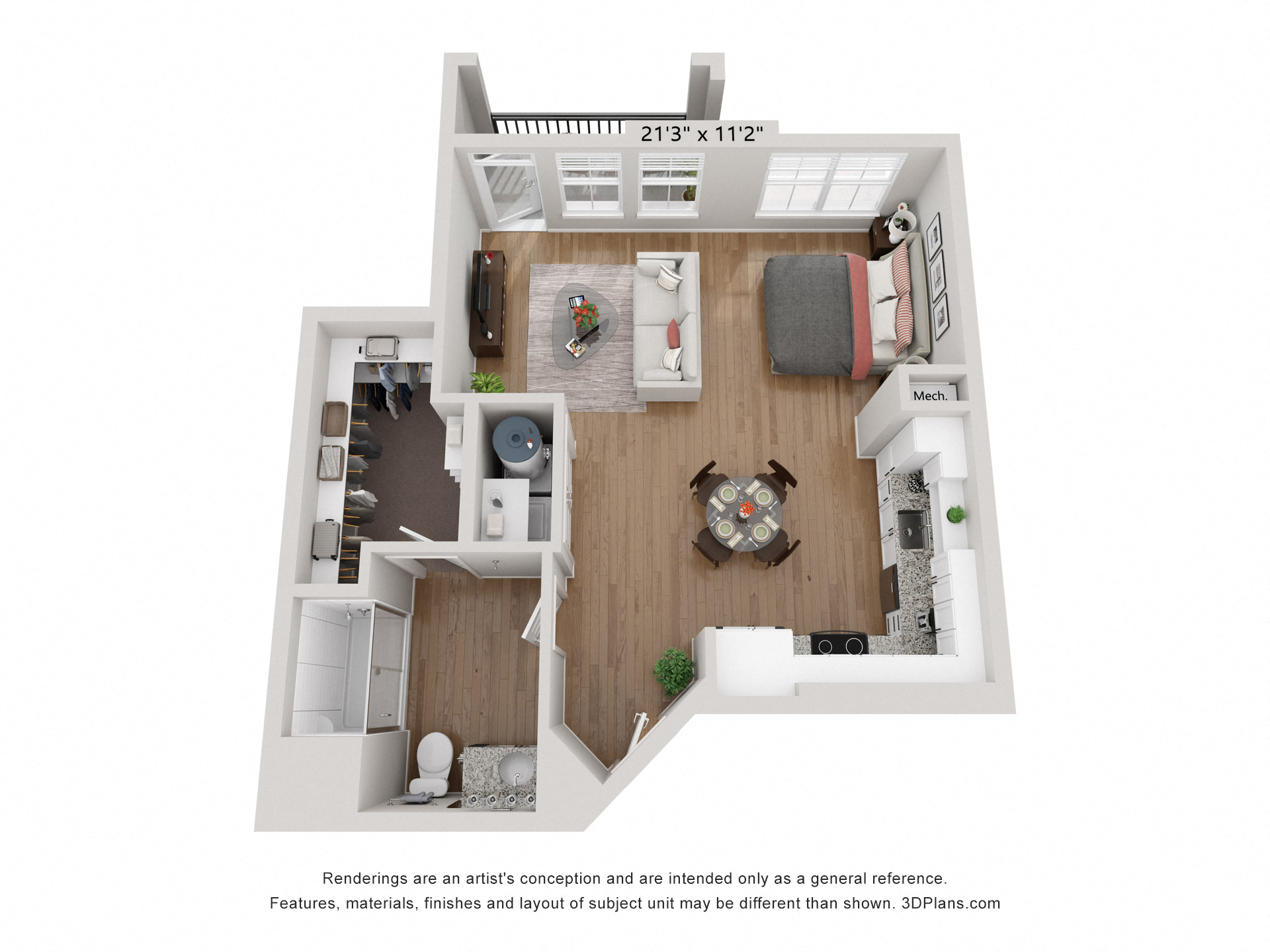 Floor plan for studio, 1 bath, 622 sqft